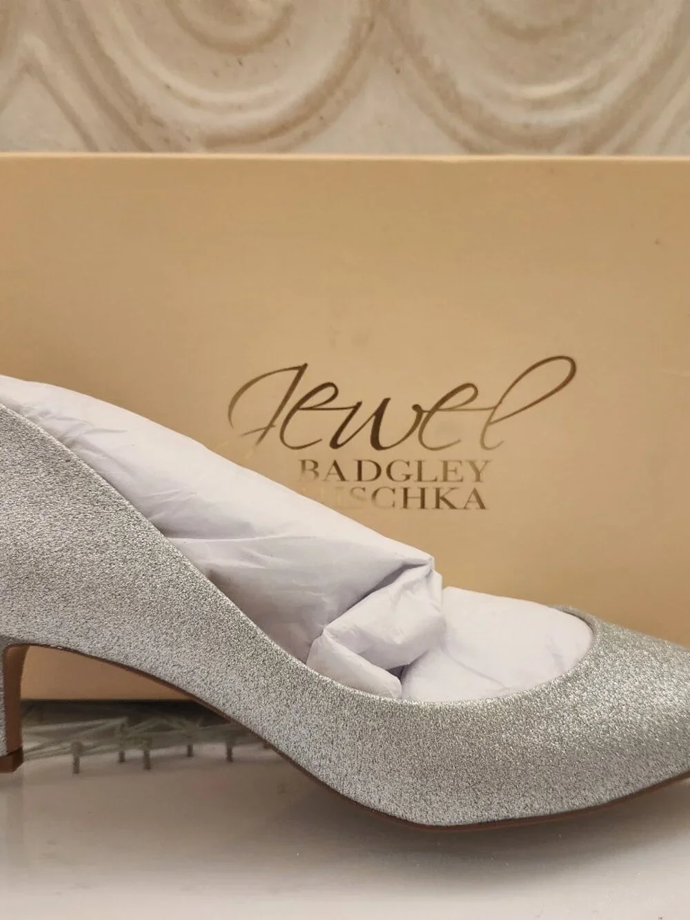 Jewel Badgley Mishka Royalty Pointed Silver Toe Kitten Heels. NIB. Size Various